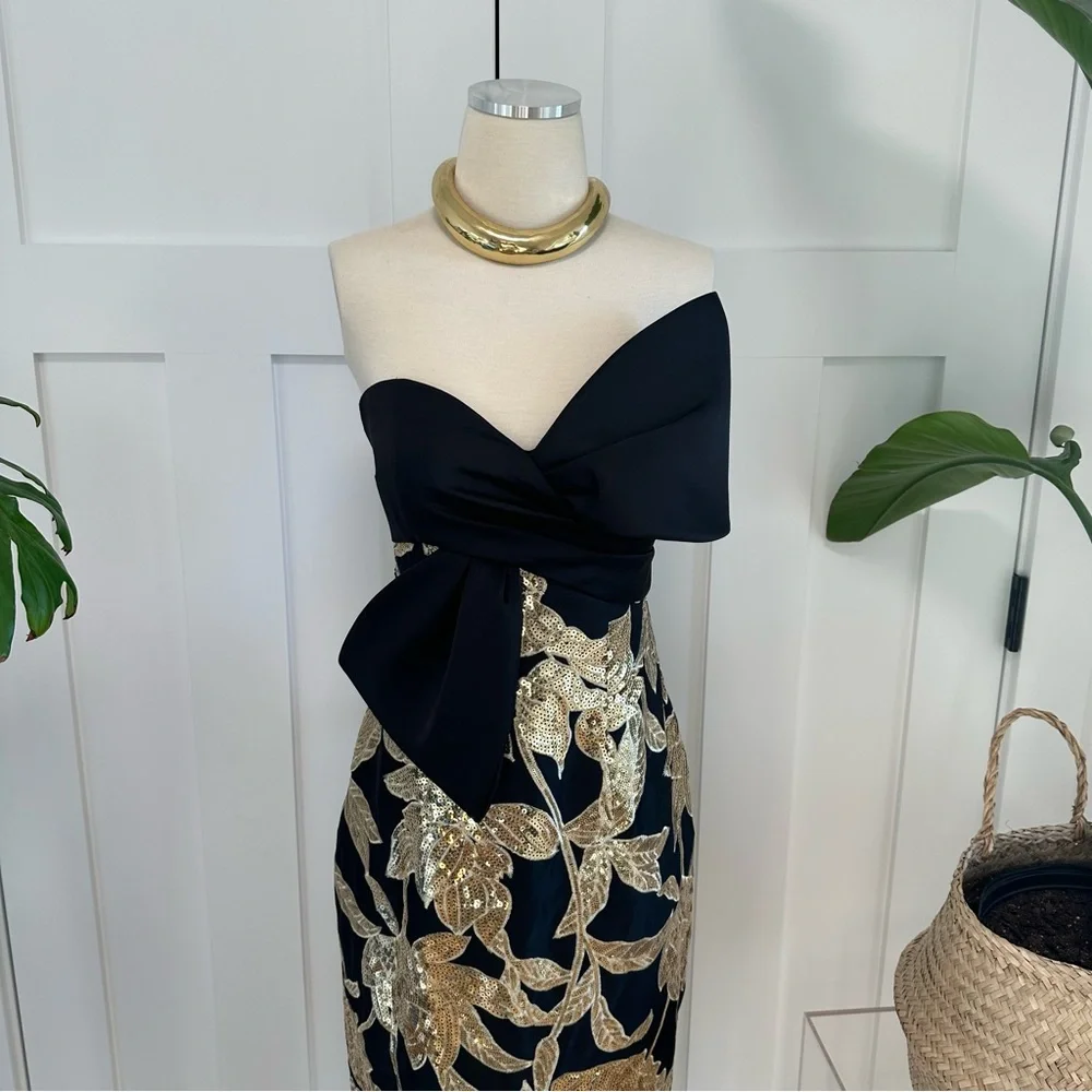 Marchesa Notte Lotus Black and Gold Sequin Dress - Picture 2 of 11